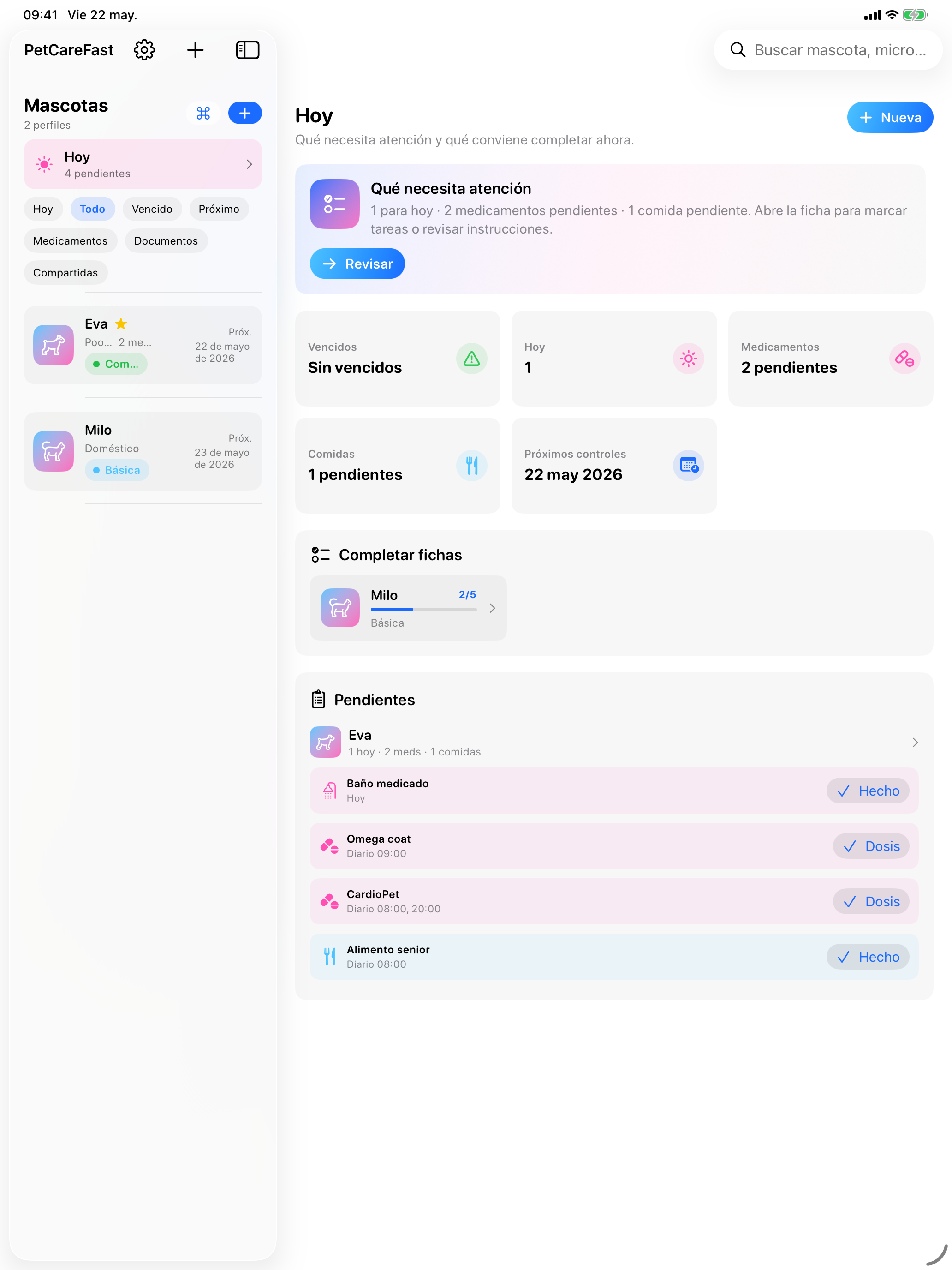 PetCareFast en iPad: panel de mascotas