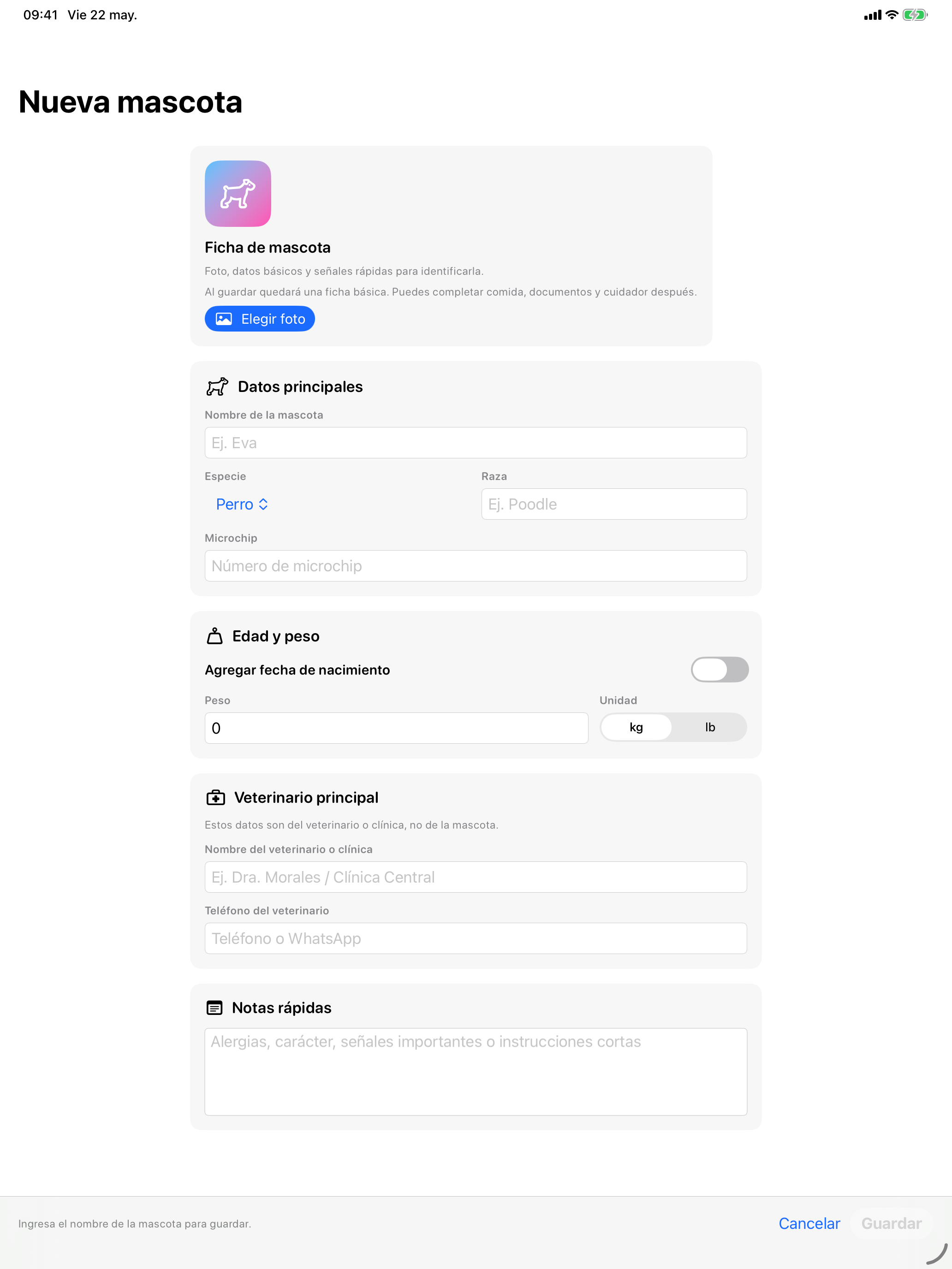 PetCareFast en iPad: formulario de mascota