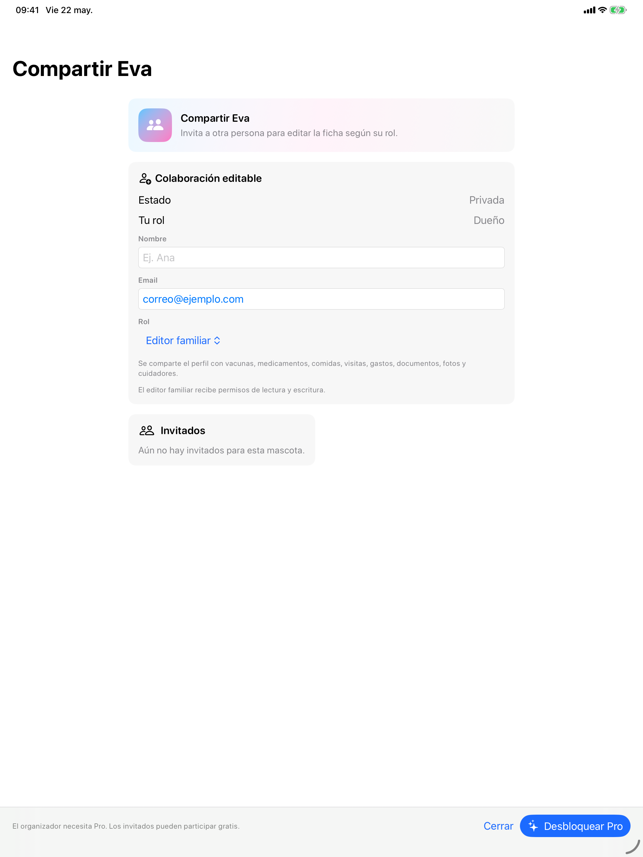 PetCareFast en iPad: invitación iCloud