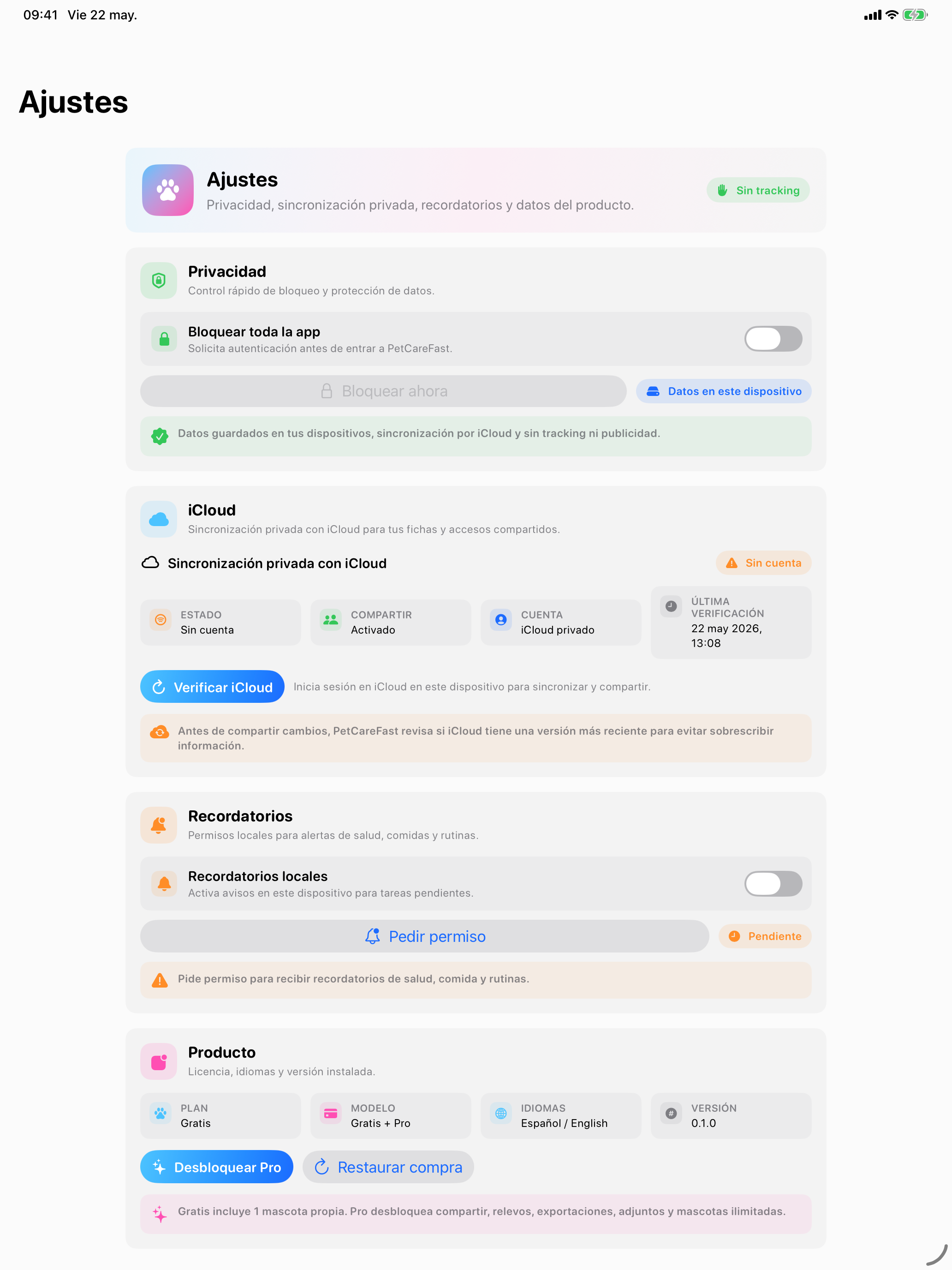 PetCareFast en iPad: ajustes de privacidad