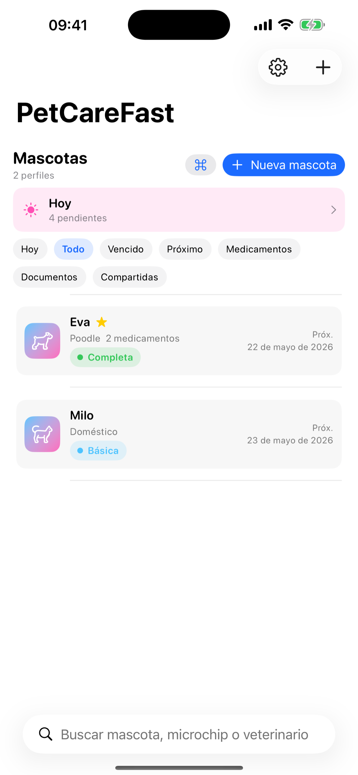 PetCareFast en iPhone: panel familiar