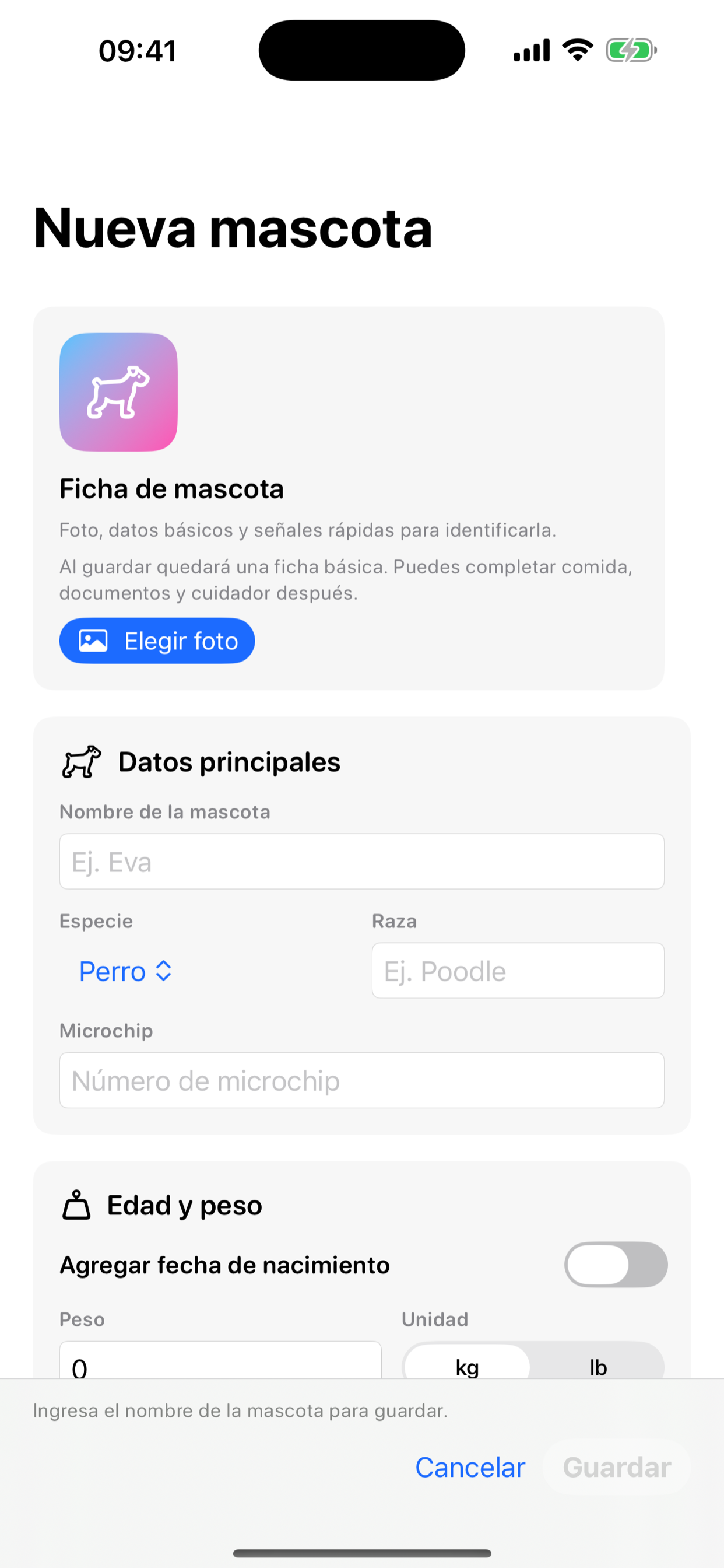 PetCareFast en iPhone: crear mascota