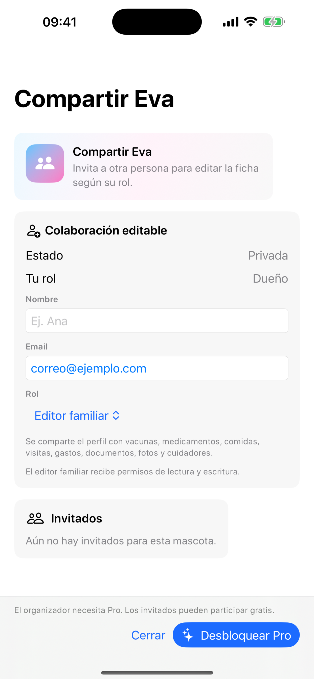 PetCareFast en iPhone: compartir ficha