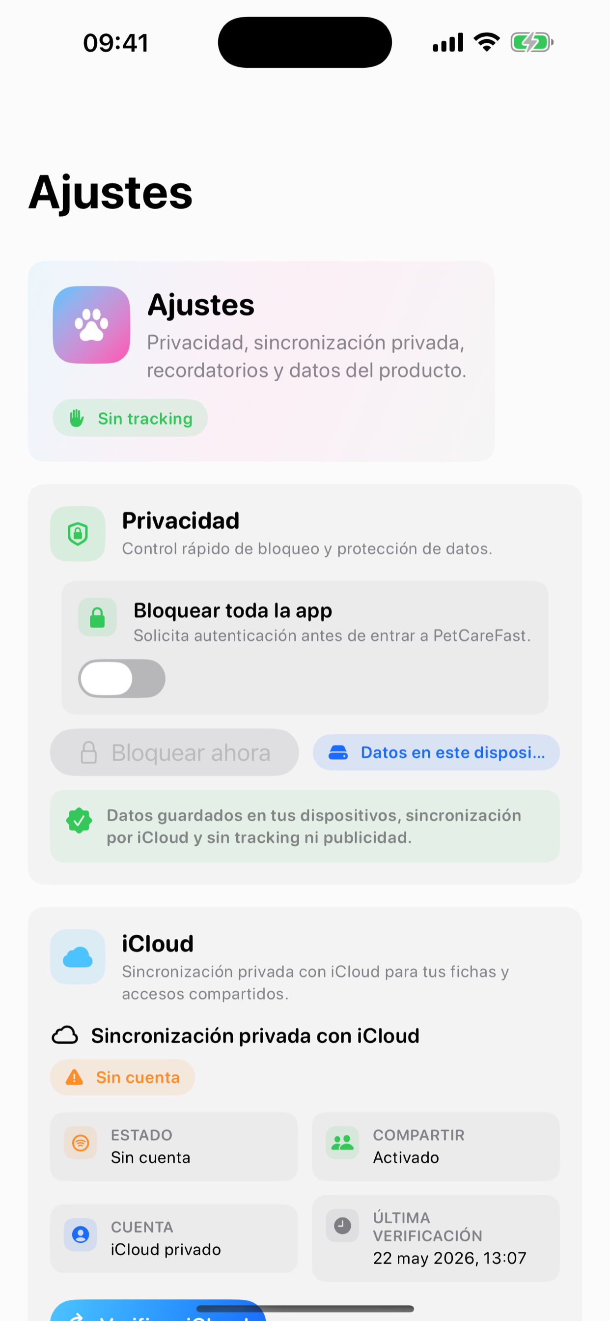 PetCareFast en iPhone: iCloud y Pro