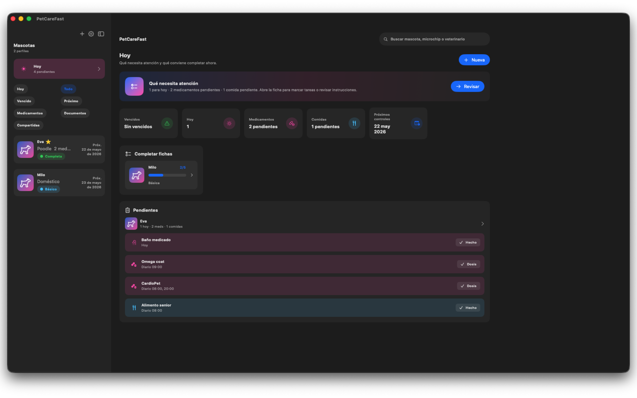 PetCareFast en macOS: panel de mascotas