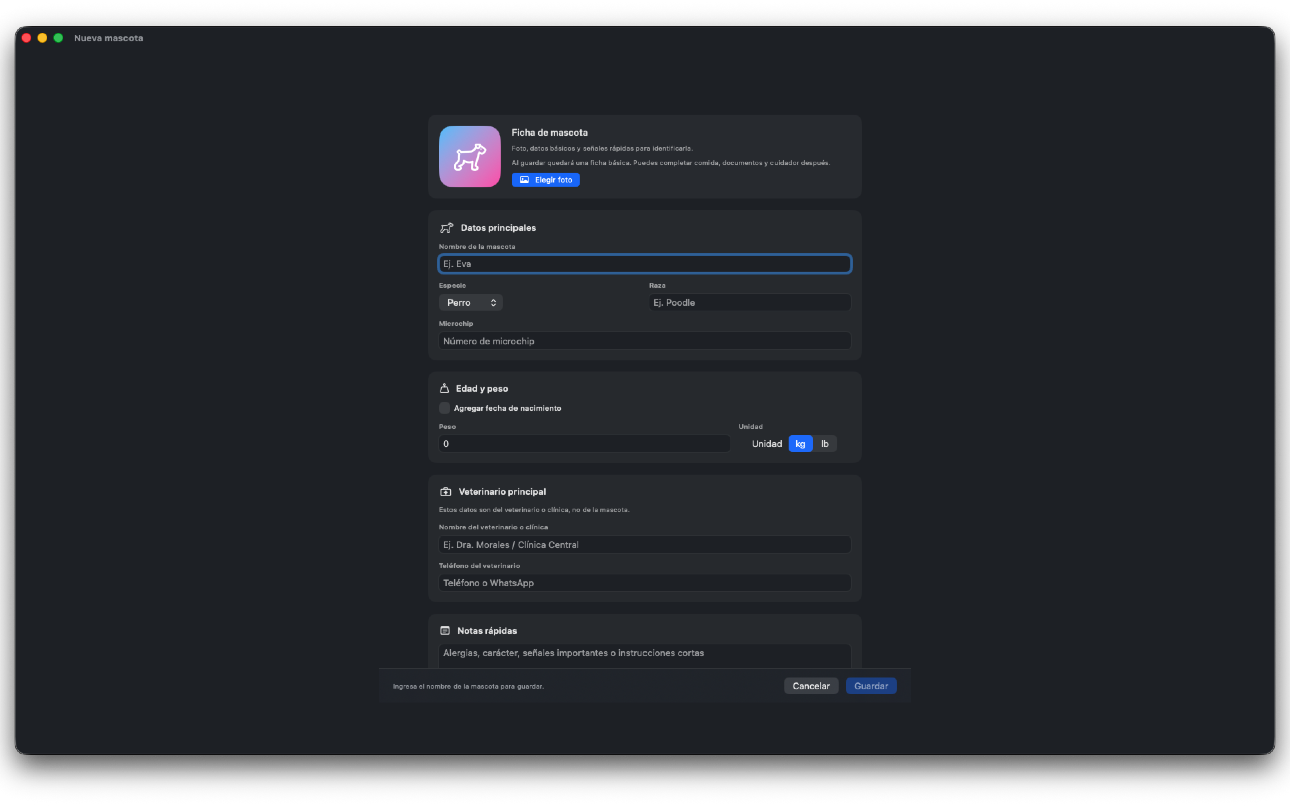 PetCareFast en macOS: nueva mascota
