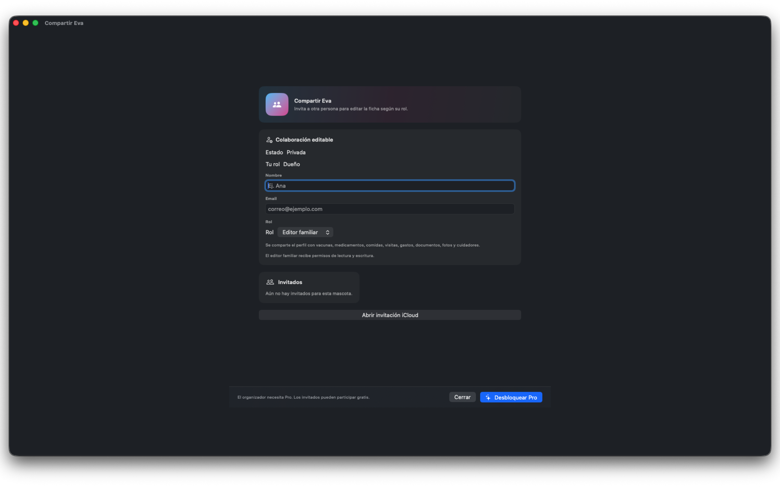 PetCareFast en macOS: compartir cuidado