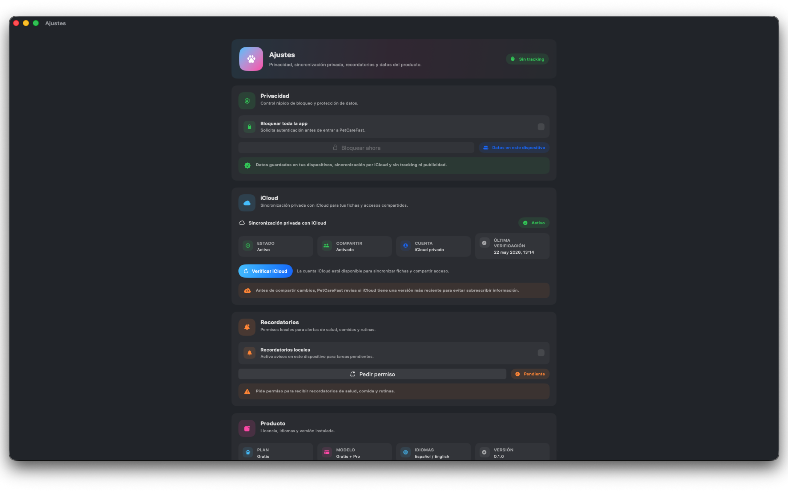 PetCareFast en macOS: privacidad y ajustes