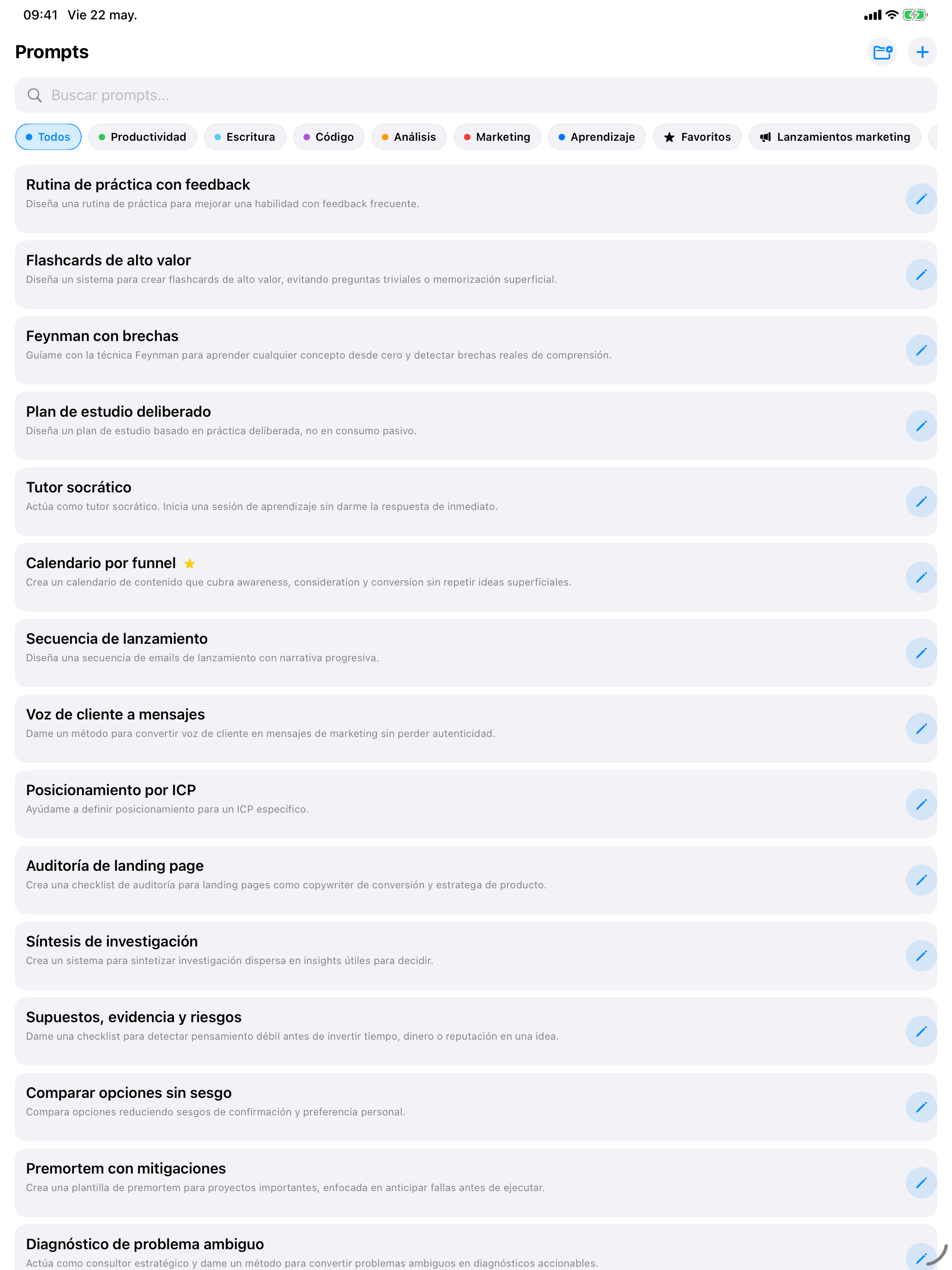 PromptFast en iPad: biblioteca privada de prompts