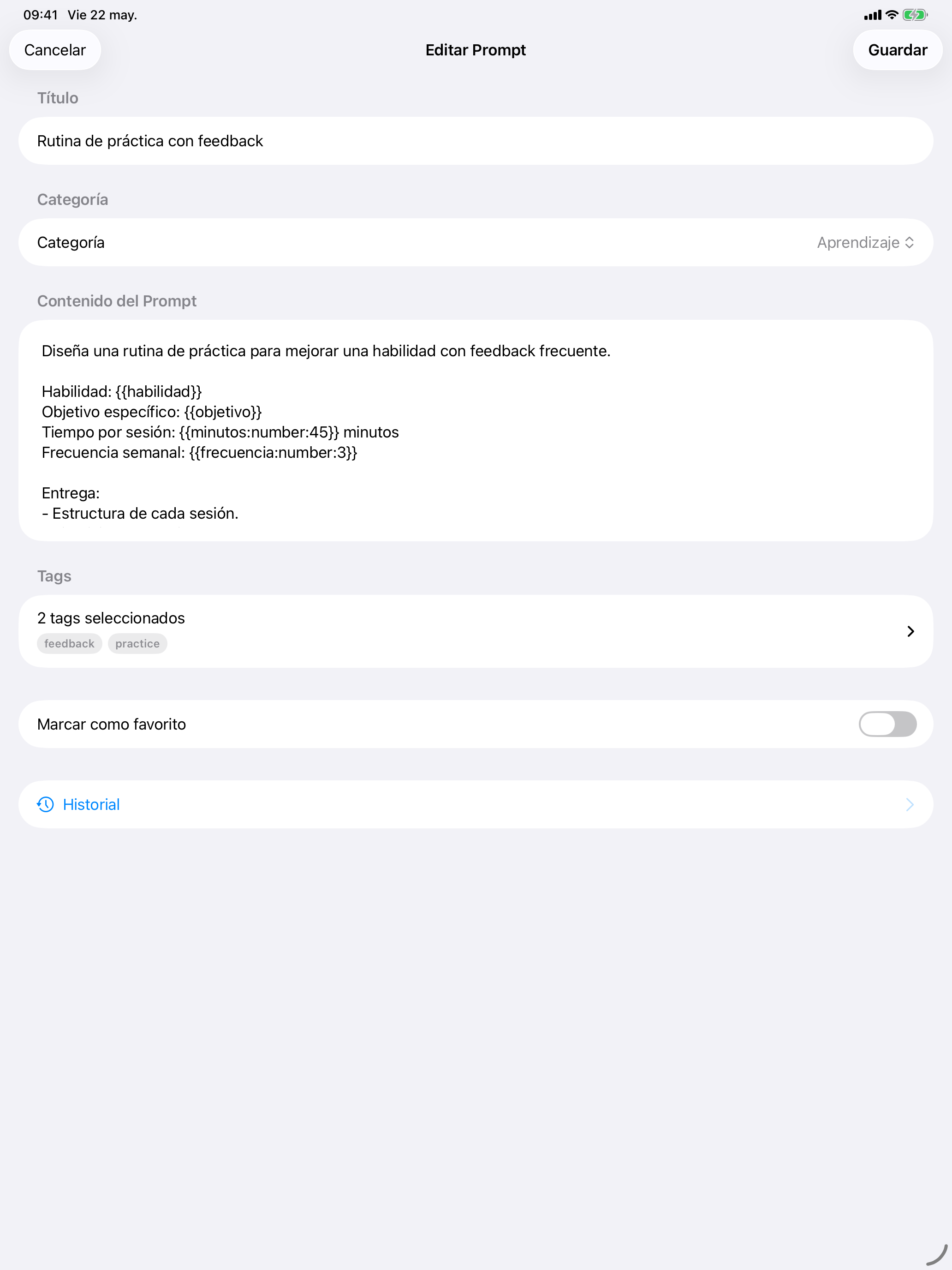 PromptFast en iPad: plantillas reutilizables