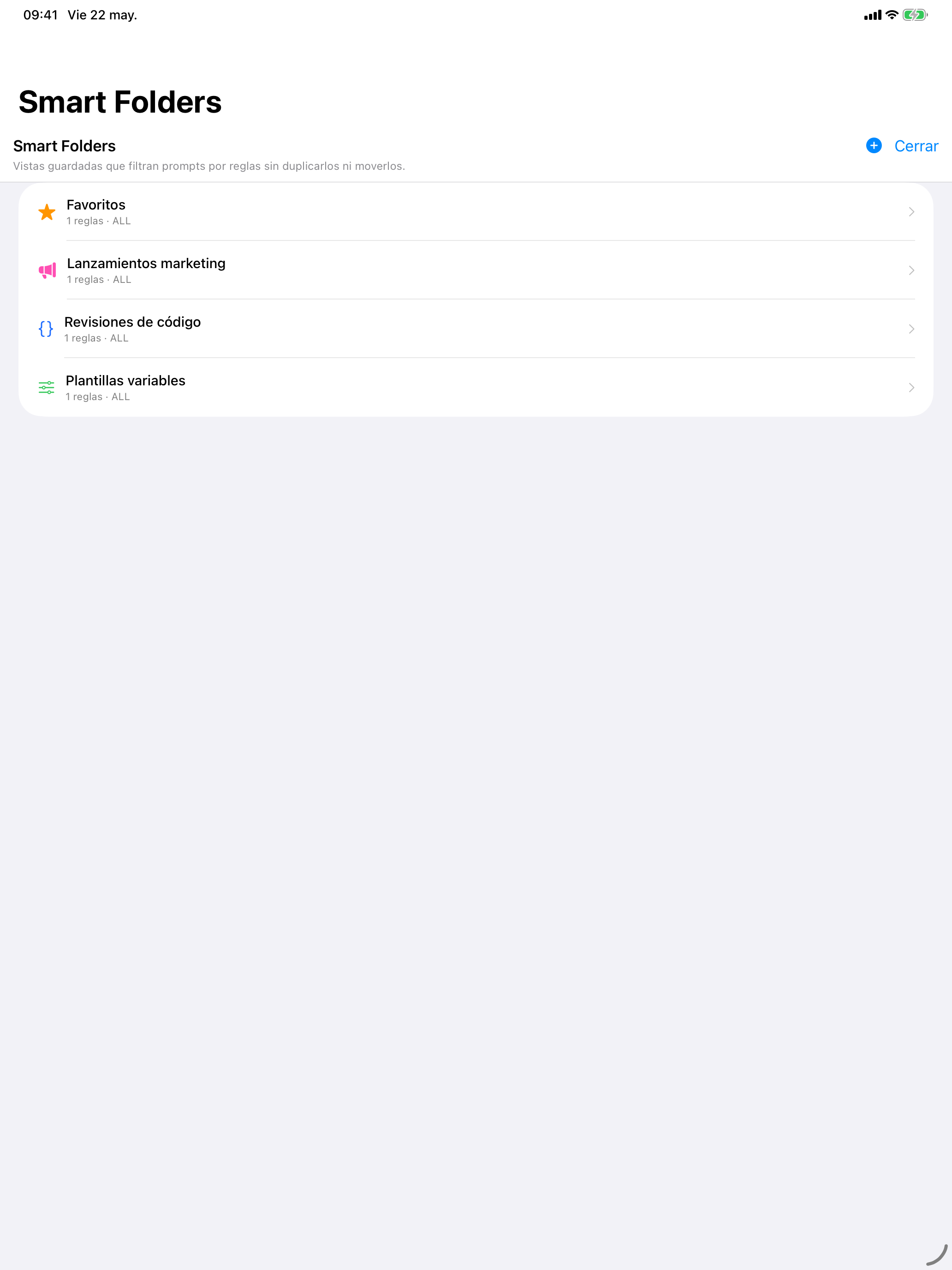 PromptFast en iPad: organización de bibliotecas grandes
