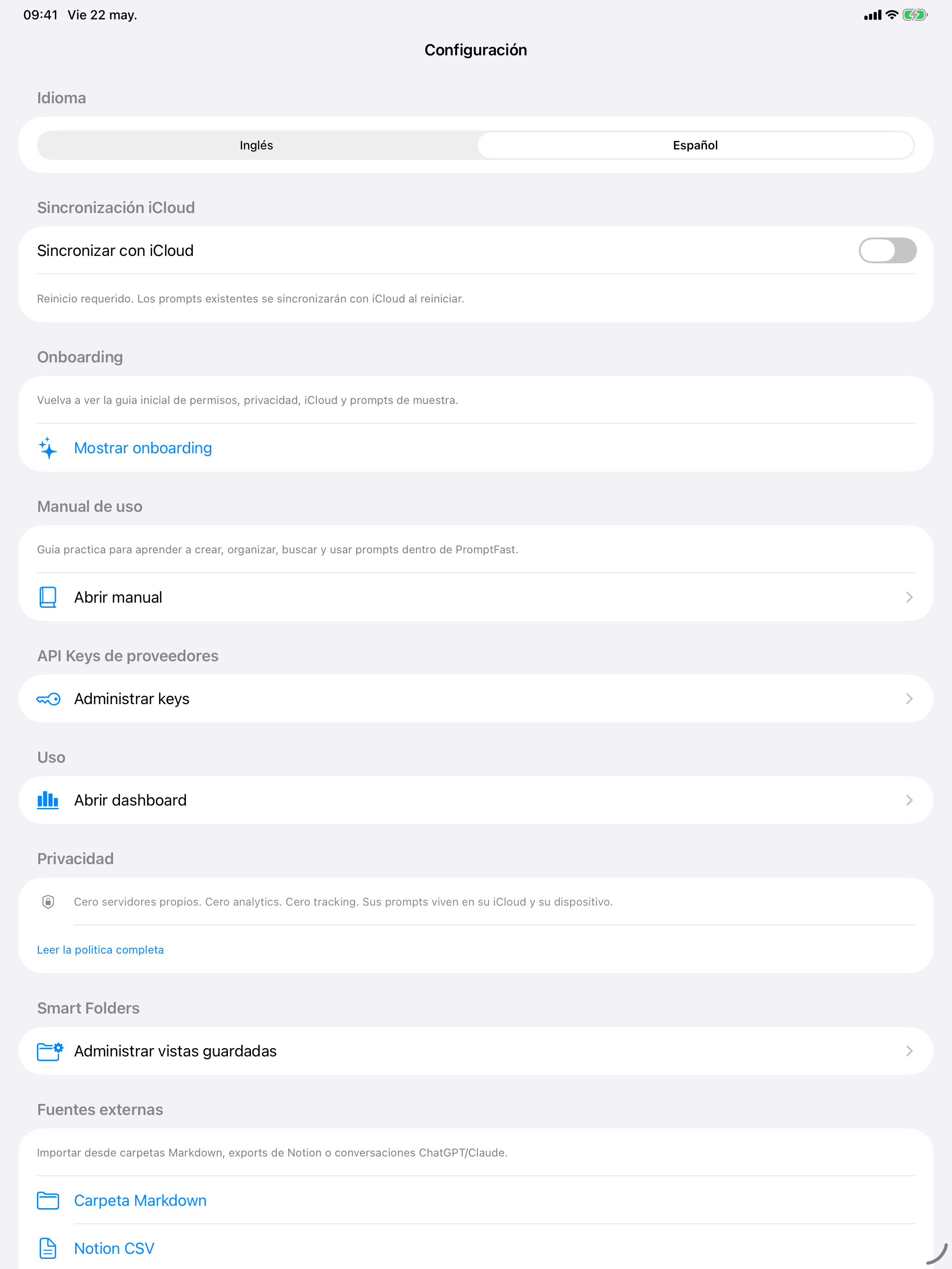 PromptFast en iPad: sincronización privada
