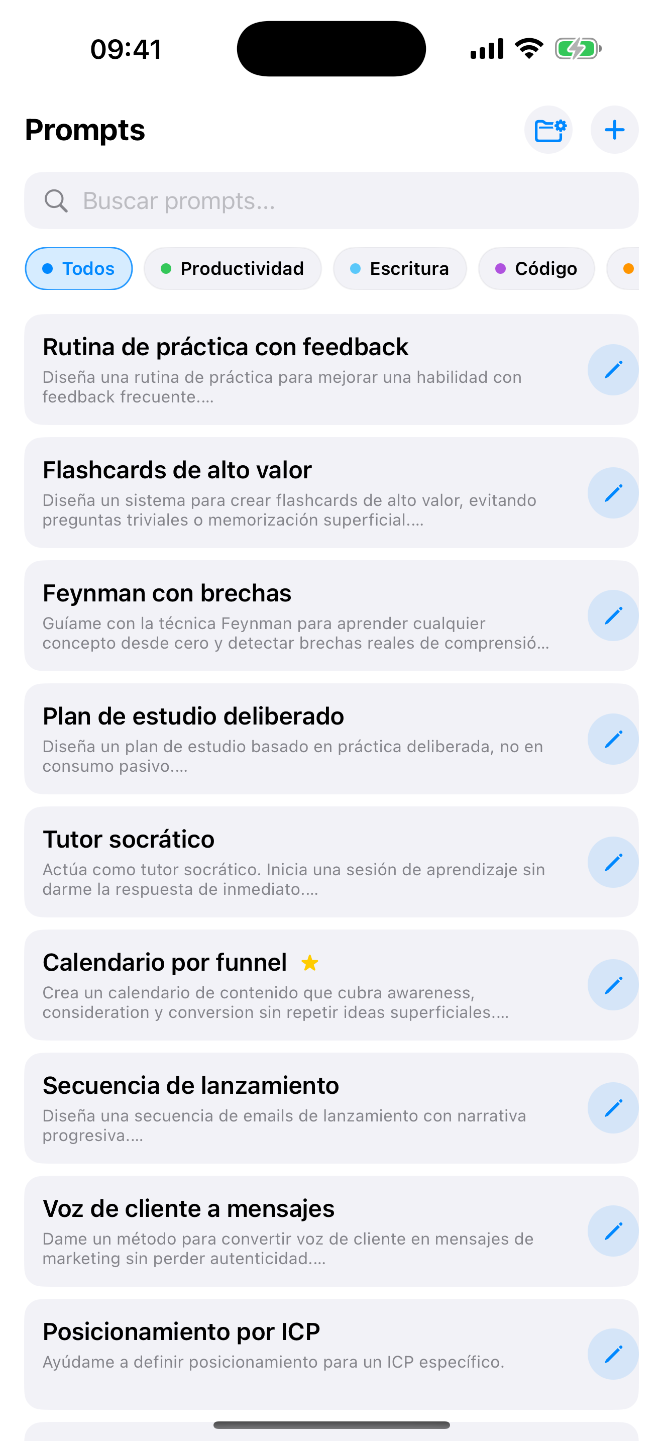 PromptFast en iPhone: biblioteca privada de prompts