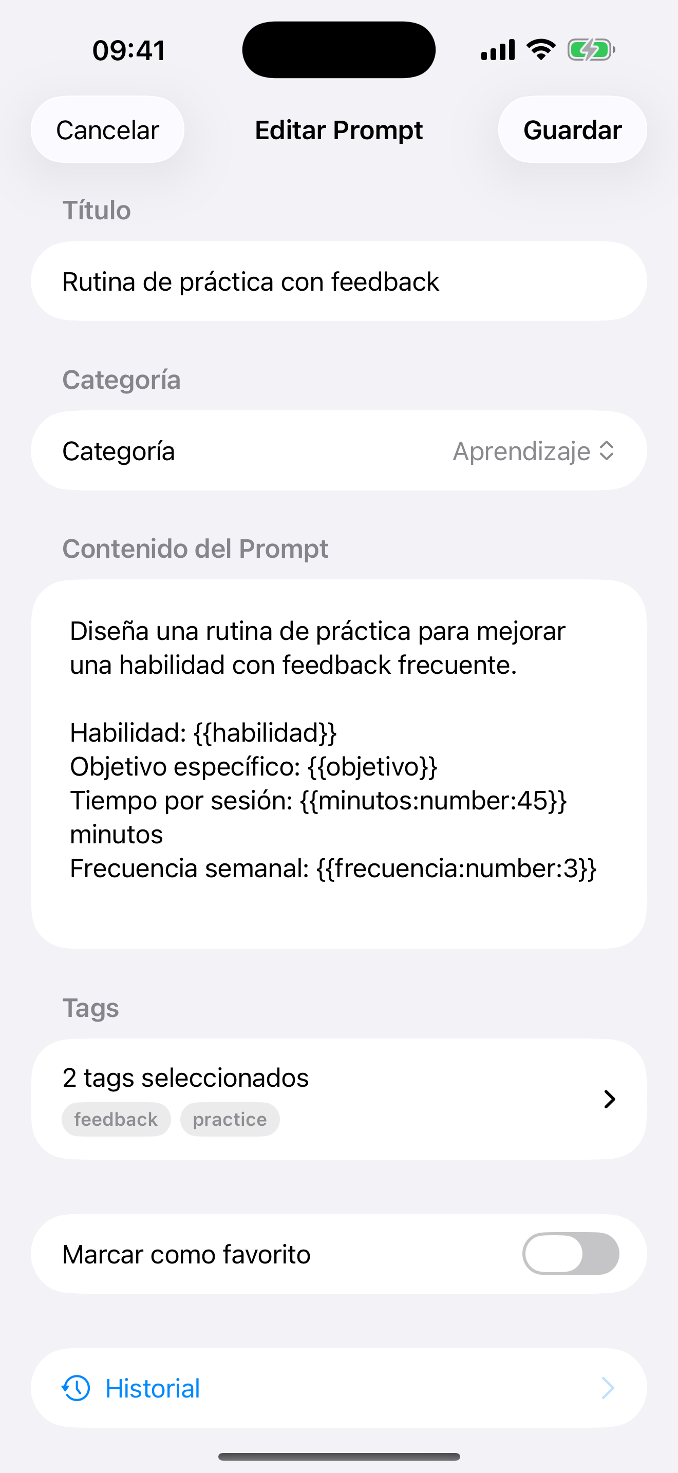 PromptFast en iPhone: plantillas reutilizables