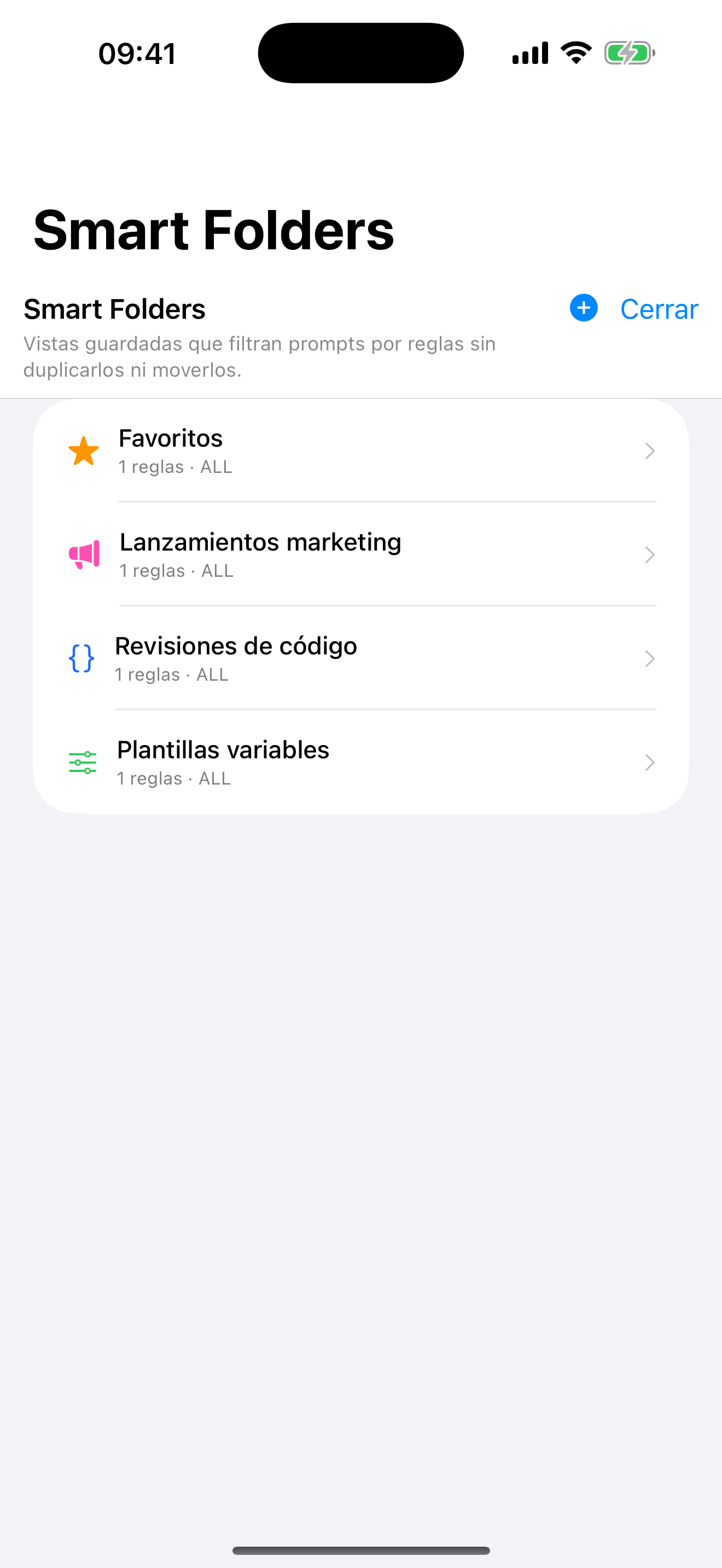 PromptFast en iPhone: organización de prompts