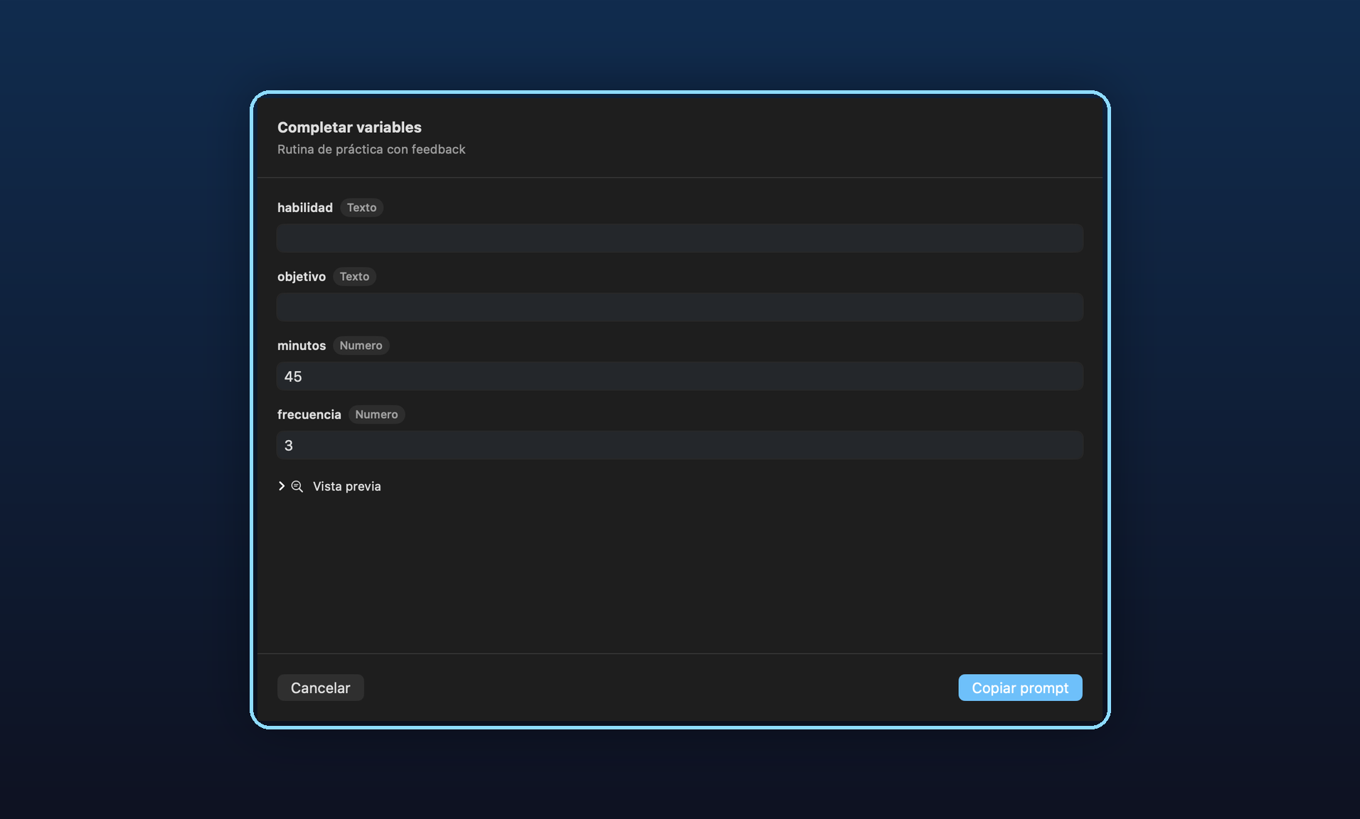PromptFast en macOS: plantillas reutilizables