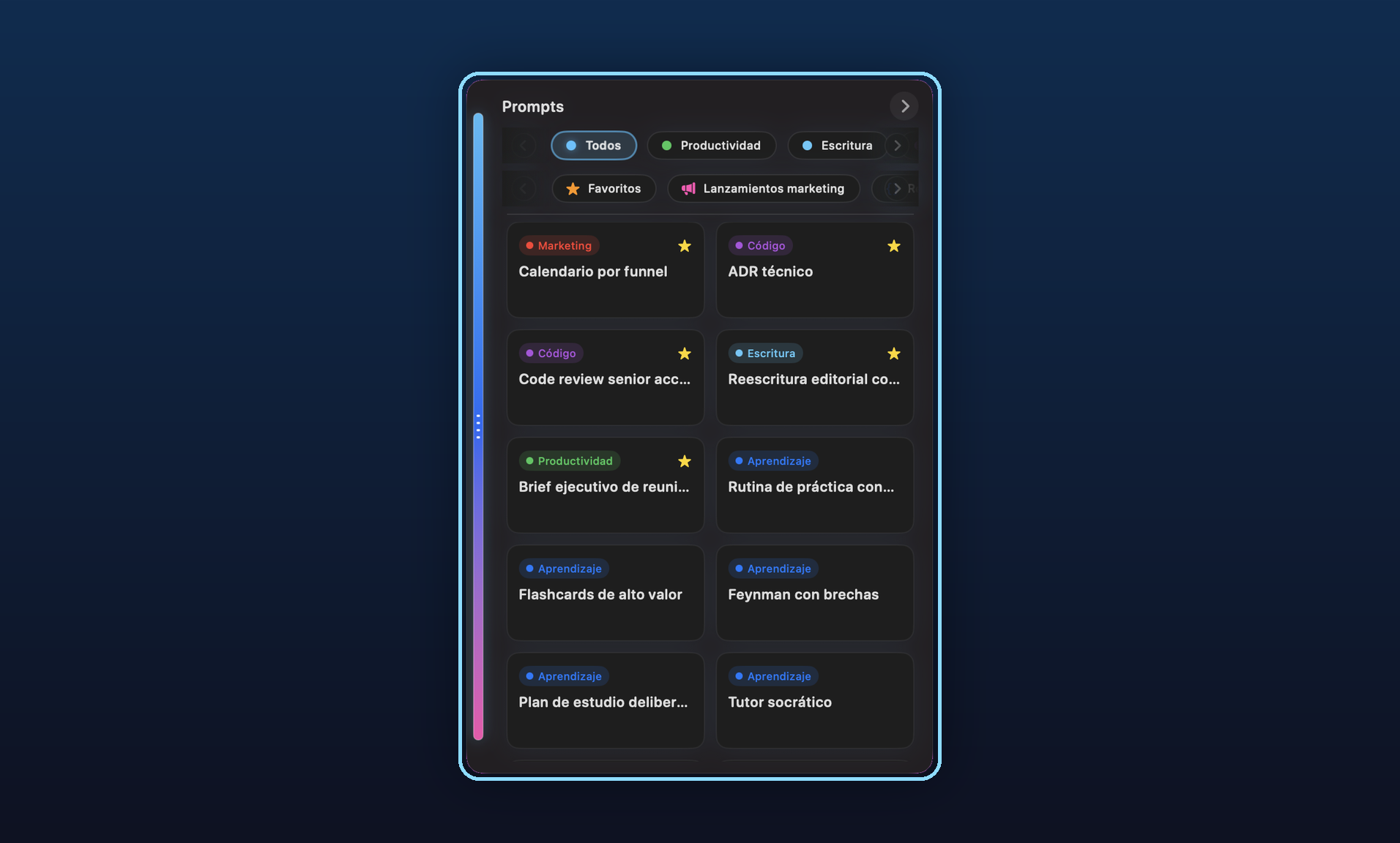 PromptFast en macOS: panel flotante con variables