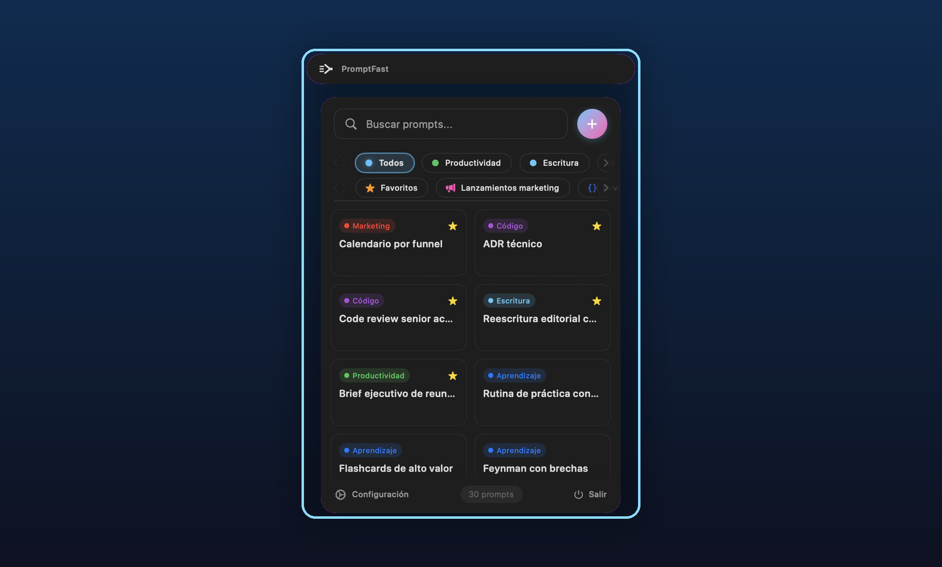PromptFast en macOS: biblioteca desde la barra de menú